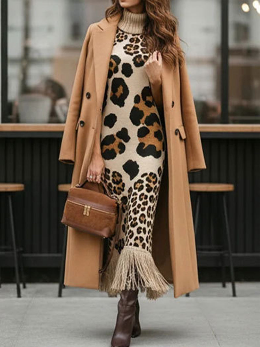 Bohemian Leopard-print Sleeveless Turtleneck Knit Midi Dress