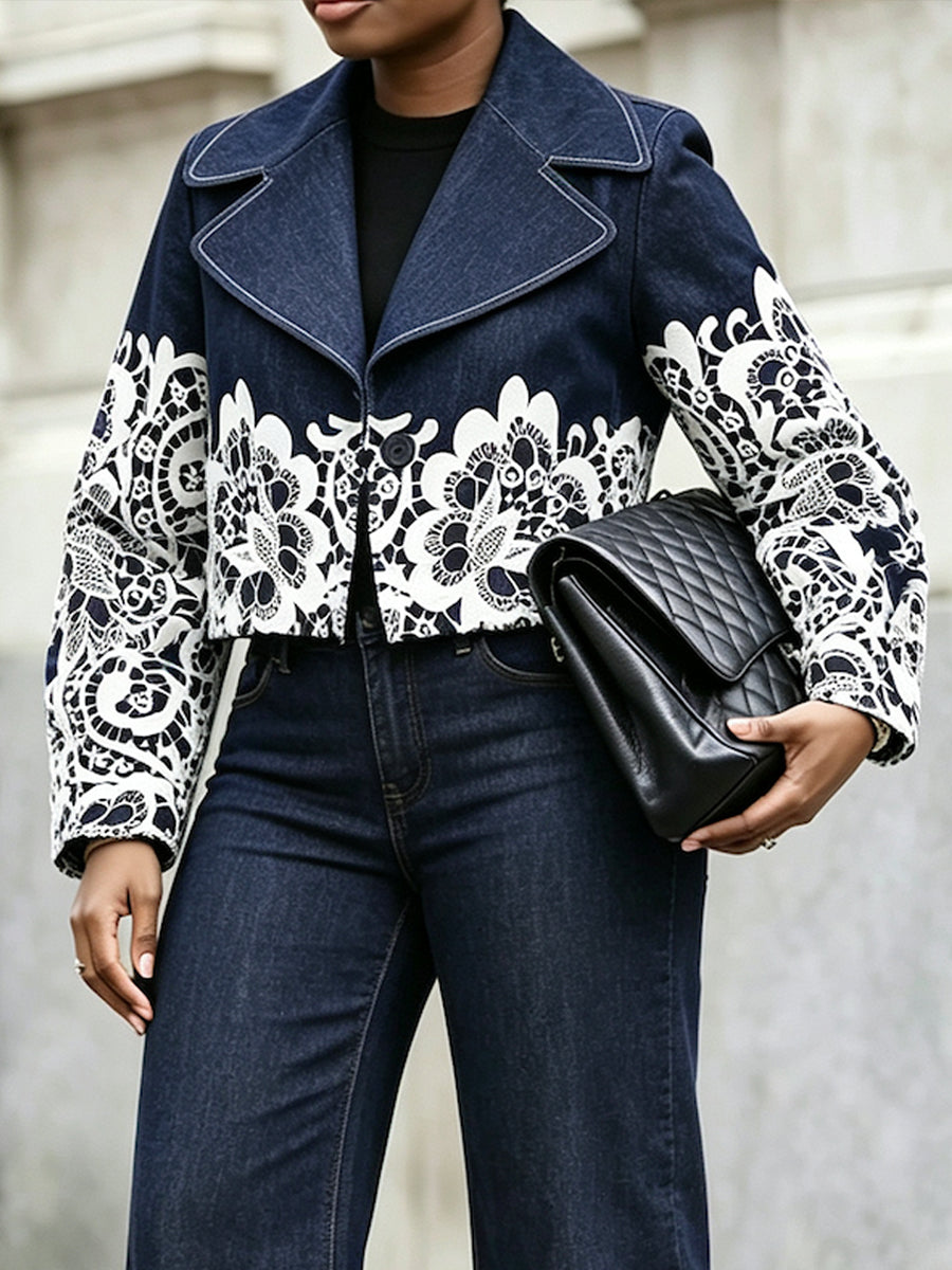 Casual Lace-print Cropped Denim Jacket