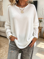 Casual Relaxed White Cotton Long-sleeve Stretch T-shirt