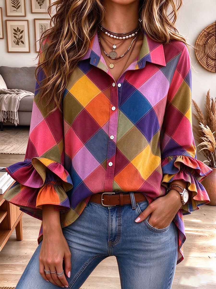 Camisa con botones a cuadros de colores para mujer con mangas acampanadas con volantes escalonados