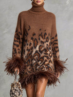 Chic Ombré Leopard-print Feather-trim Knit Dress