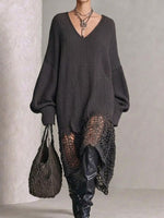 Long, Loose-fitting Knit Sweater Dress With A V-neck, Cut-out Details, And An Asymmetrical Hem