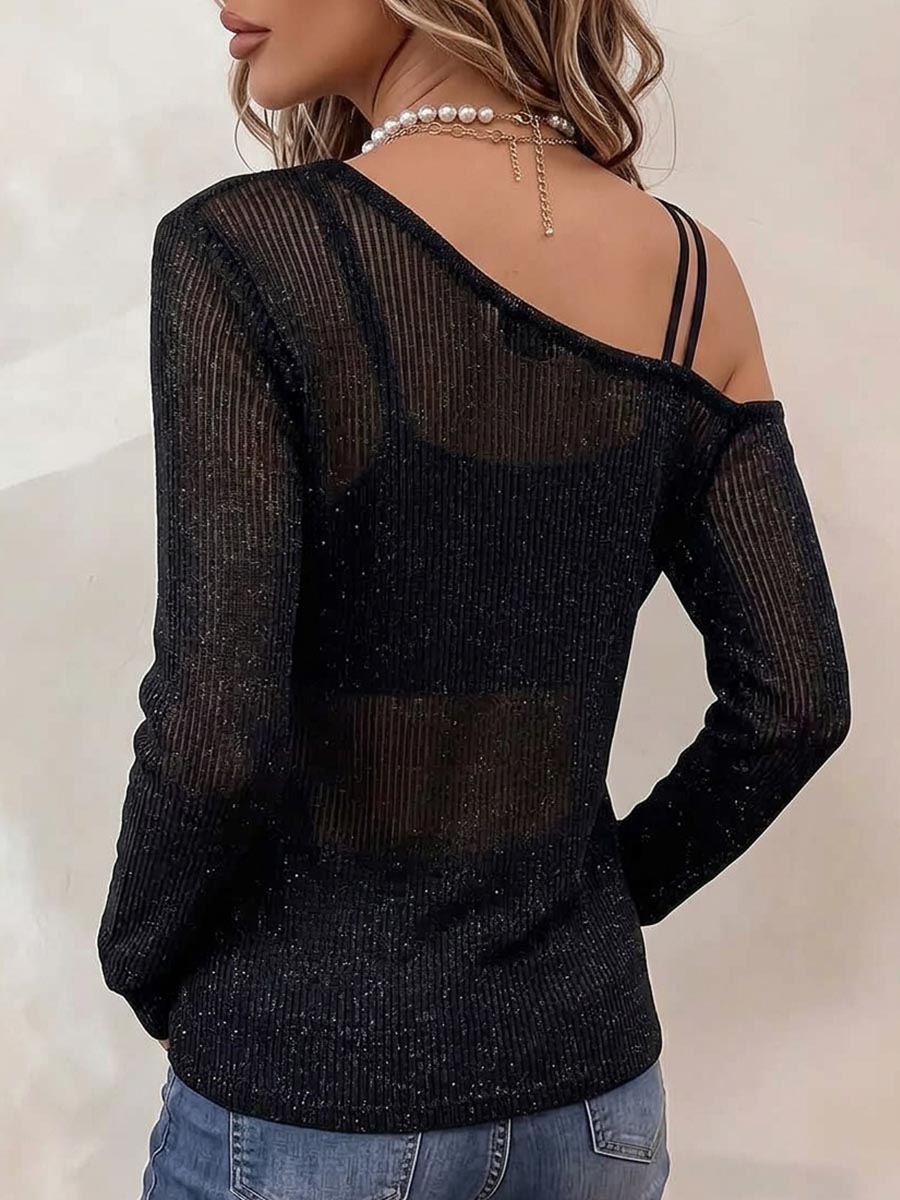 Top da donna in maglia a maniche lunghe asimmetriche a tinta unita con spalle scoperte e doppie spalline (vestibilità ampia)