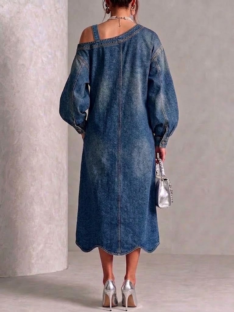 Midi Denim Dress With One-shoulder Design, Metal Buckle, Ruffled Hem, And Pocket Detail