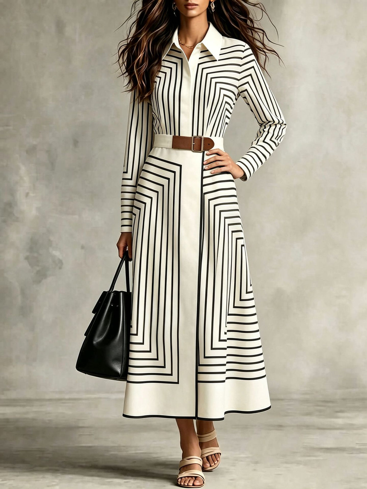 Elegante vestido camisero midi con botones y rayas geométricas con lazo en la cintura