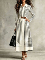 Elegante vestido camisero midi con botones y rayas geométricas con lazo en la cintura