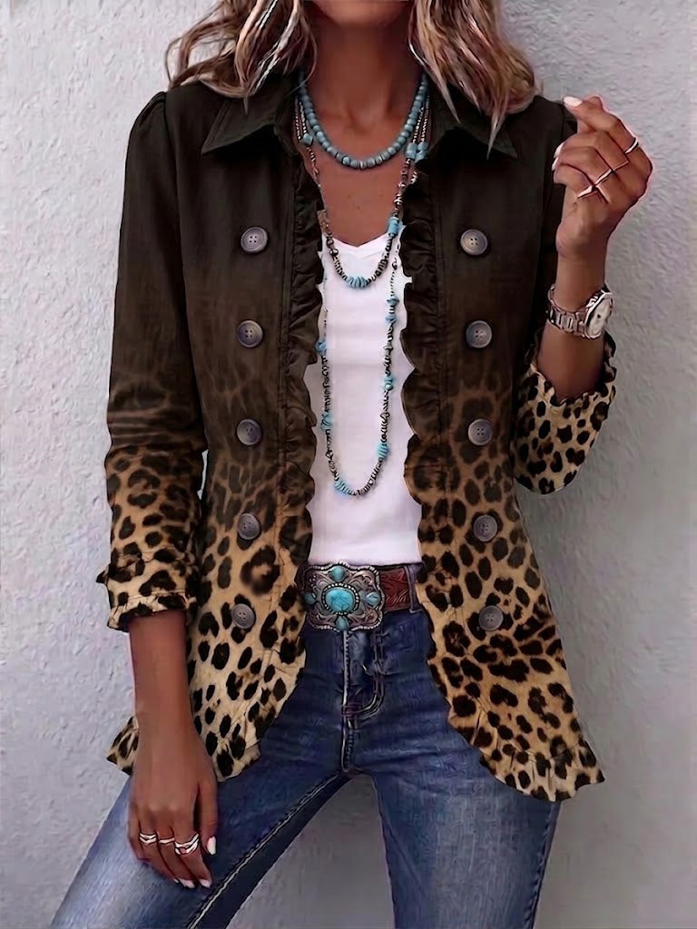 Boho-style Vintage Ombre Leopard Print Ruffle Jacket
