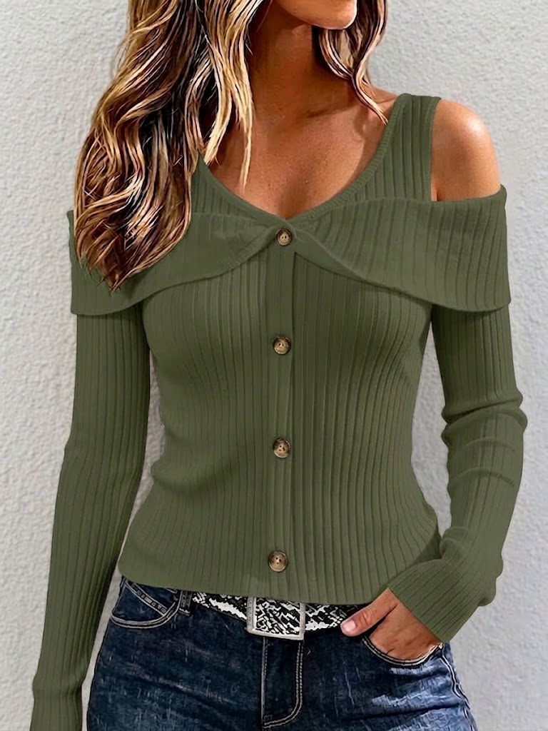 Off-shoulder Twist-front V-neck Single-breasted Ribbed Long-sleeve Top