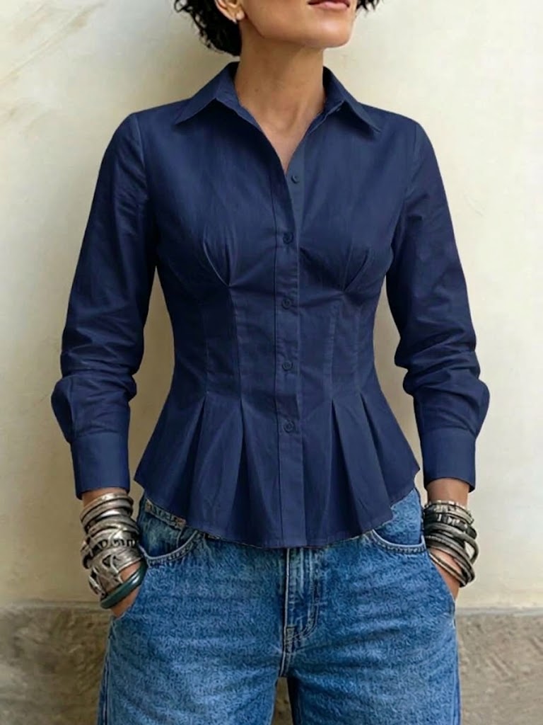 Camisa de manga larga con diseño de cuello, volantes y plisado que se ciñe a la cintura