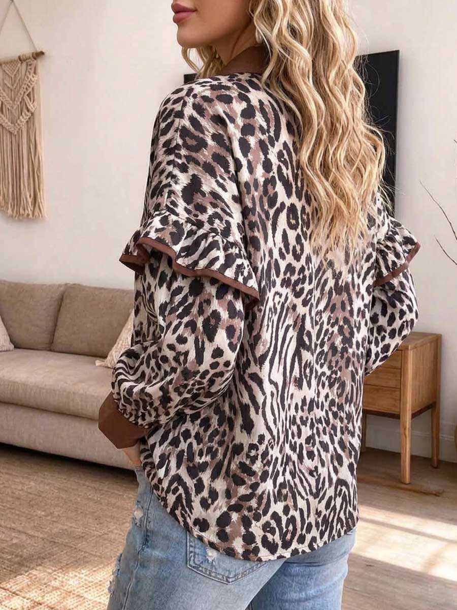 Women's Leopard Print Button-Down Blouse with Ruffle Sleeves