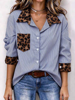 Vertikal gestreiftes Button-Down-Hemd für Damen mit kontrastierendem Leopardenmuster