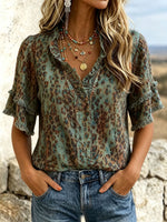 Boho Casual Vacation Leopard Print Ruffled Short-sleeve Top