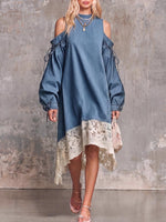 Women's Round Neck Off-shoulder Long Sleeve Casual Loose A-line Denim Patchwork Lace Dress