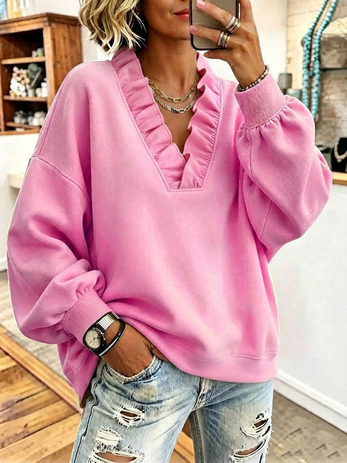 Acogedora sudadera extragrande con volantes en color rosa vibrante