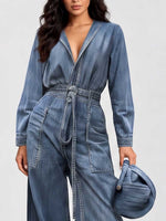 Women's V-neck Long-sleeved Casual Loose-fitting Denim Wide-leg Jumpsuit With Drawstring