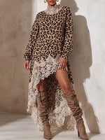 Comfortable, Loose-fit Knit Dress With Leopard Print And Lace Paneling.