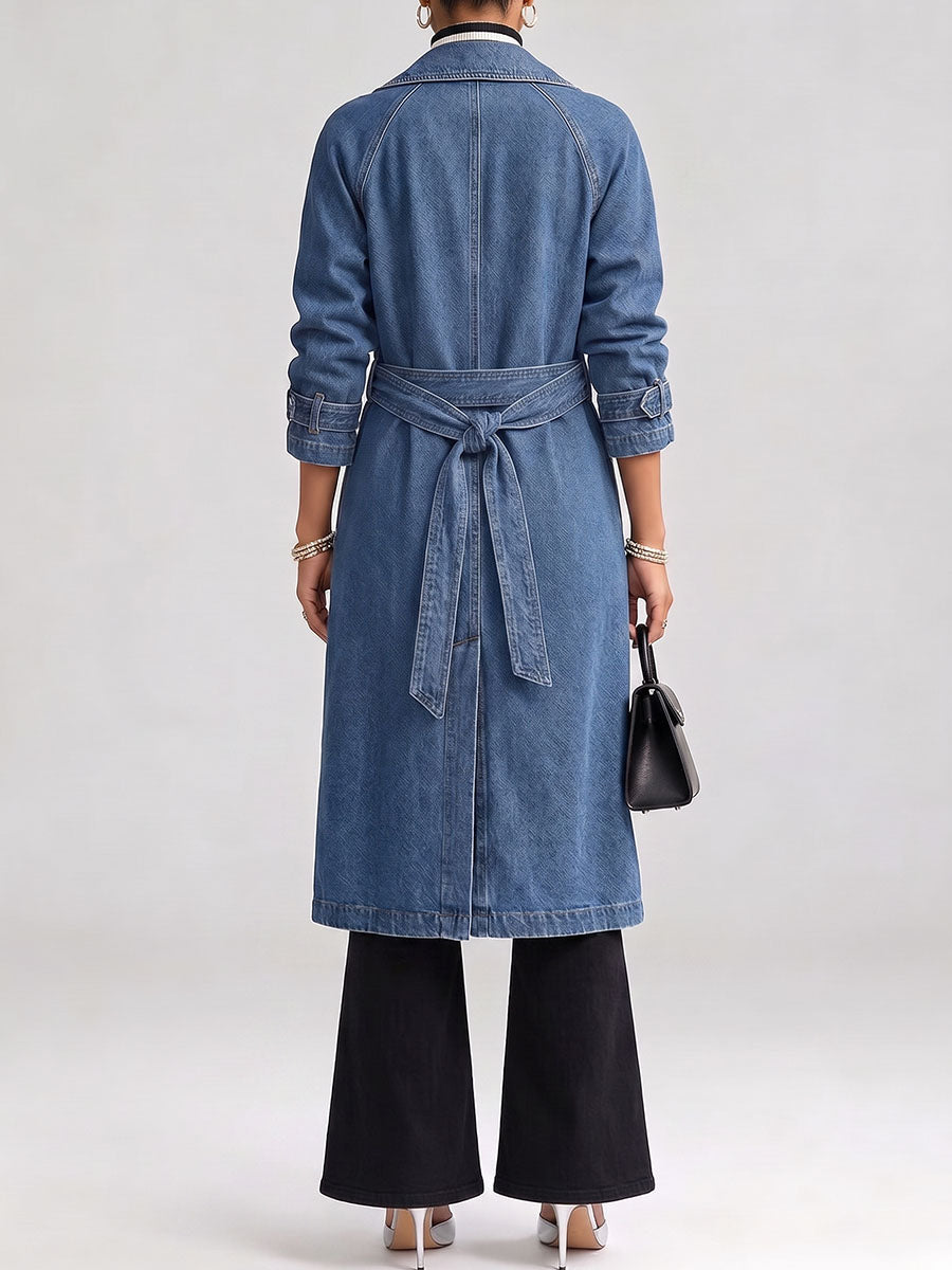 Women's Long-sleeved Casual Loose Denim Trench Coat With Lapel
