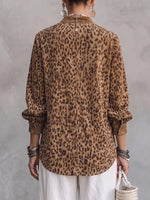 Women's Leopard Print Faux Suede Stand Collar Long Sleeve Casual Loose Cardigan
