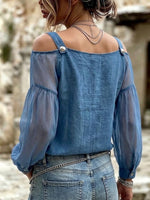Denim Spliced Mesh Cold Shoulder V-neck Button Blouse