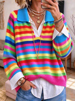 Maglione polo da donna con scollo a V a righe arcobaleno colorato