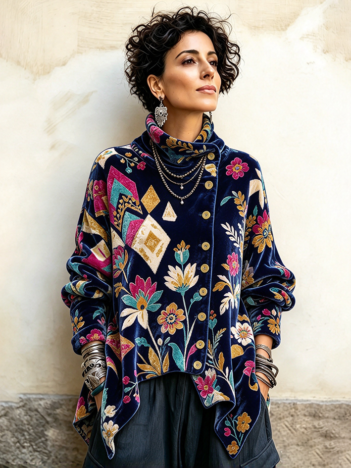 Vintage Flora Kaj Geometria Malsimetria Turtleneck Top