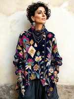 Vintage Flora Kaj Geometria Malsimetria Turtleneck Top