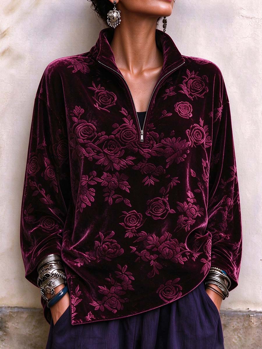 Pullover con mezza zip in velluto goffrato floreale bordeaux vintage