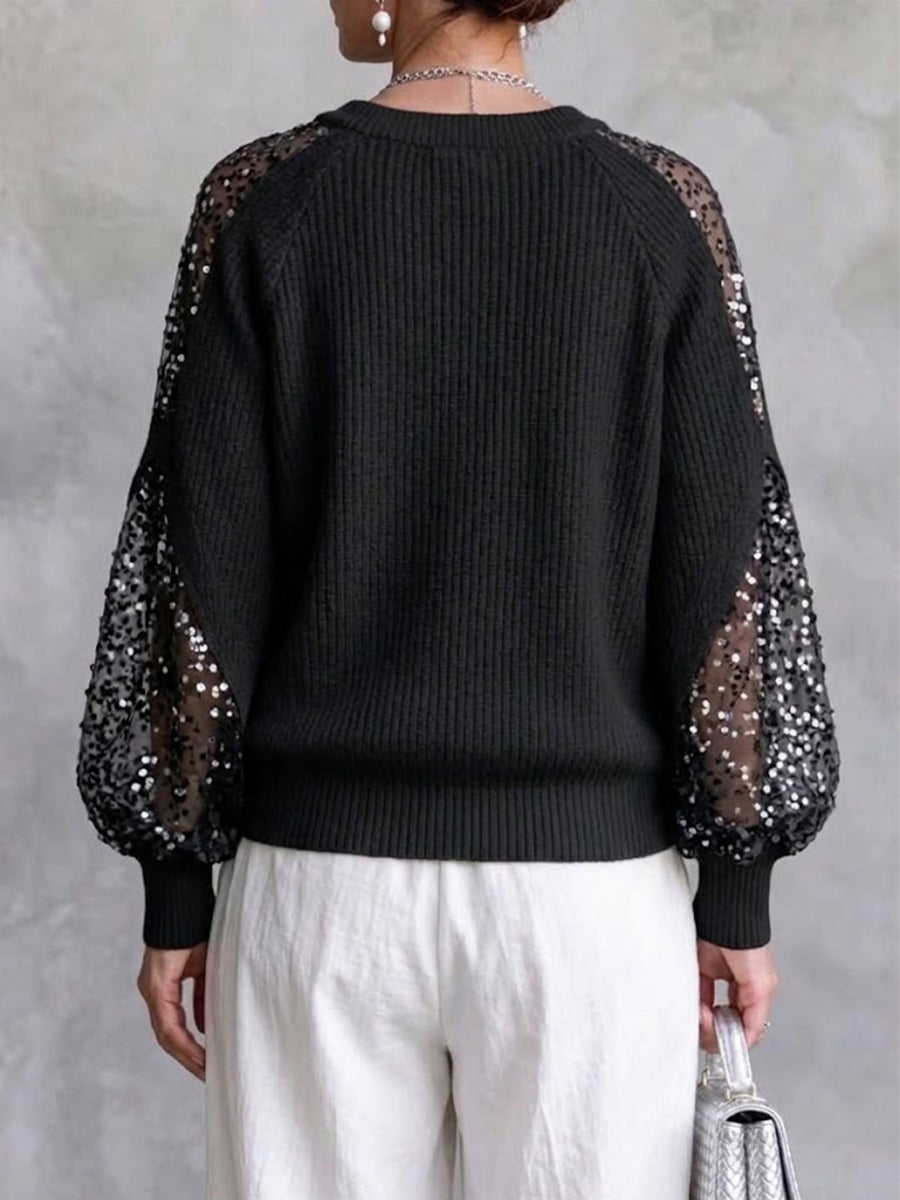 Strickoberteil mit Raglanärmeln und paillettenbesetzten Mesh-Einsätzen