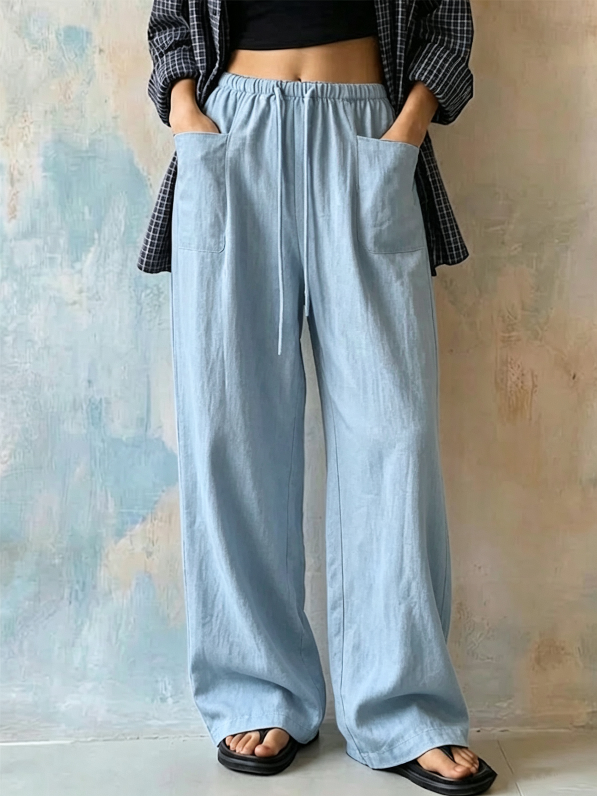 Women's Solid-color High-waisted Wide-leg Casual Pants With Drawstring