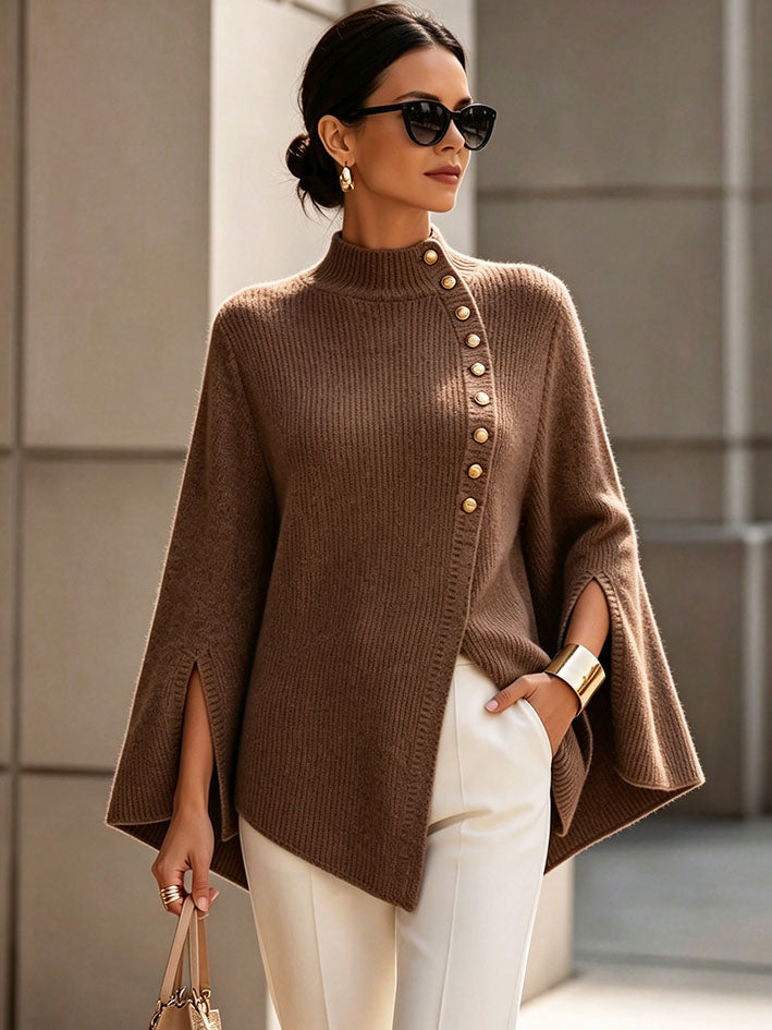 Elegant Brown Ribbed Knit Cape Sweater