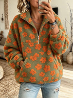 Lässiges, florales Fleece-Sweatshirt mit halbem Reißverschluss