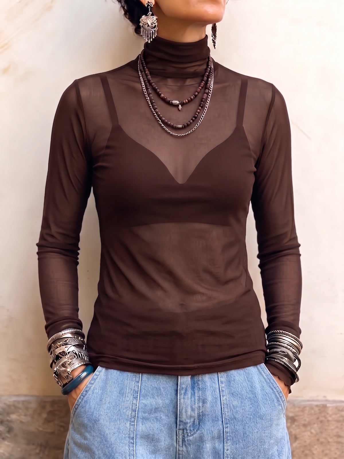 Ŝika Sheer Mock-Neck Mesh Top