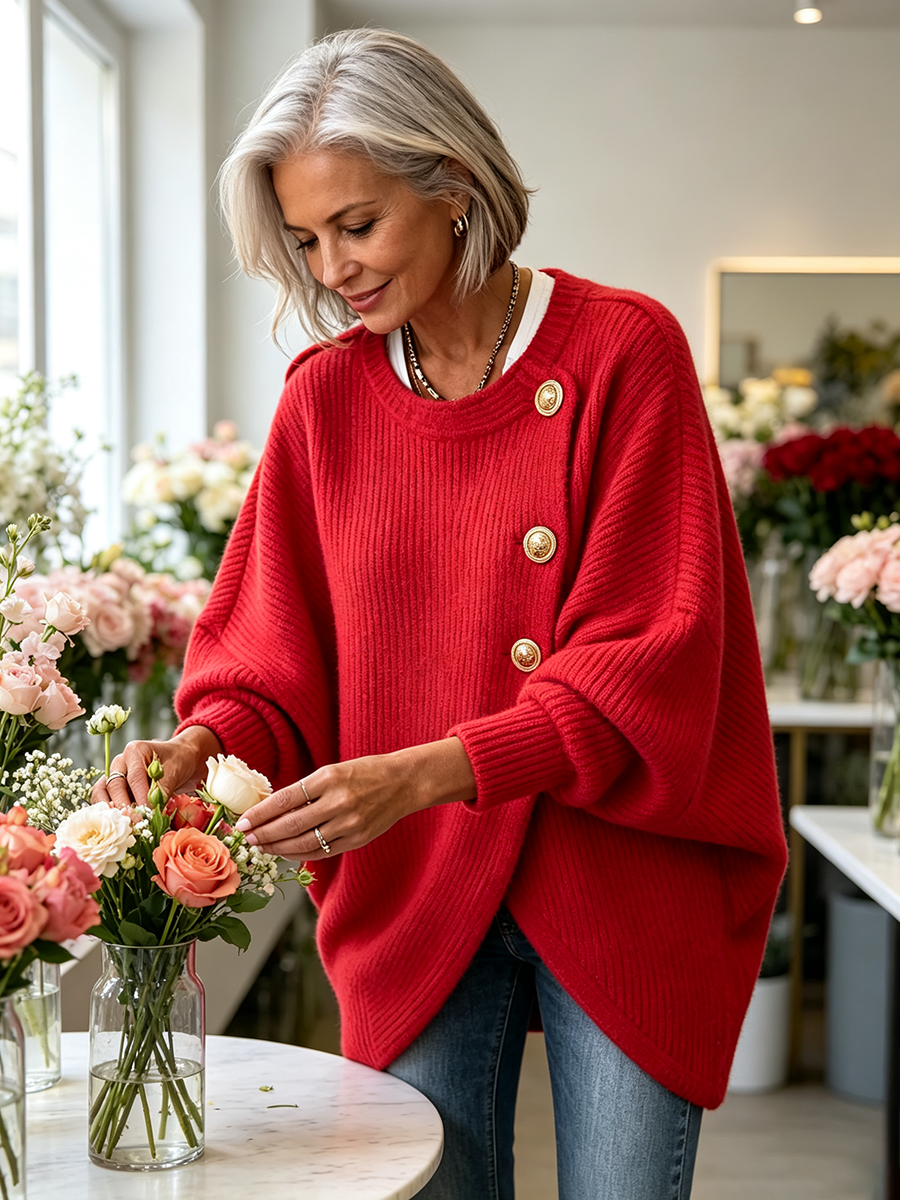 Elegant Red Asymmetric Button Knit Sweater