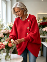 Elegant Red Asymmetric Button Knit Sweater