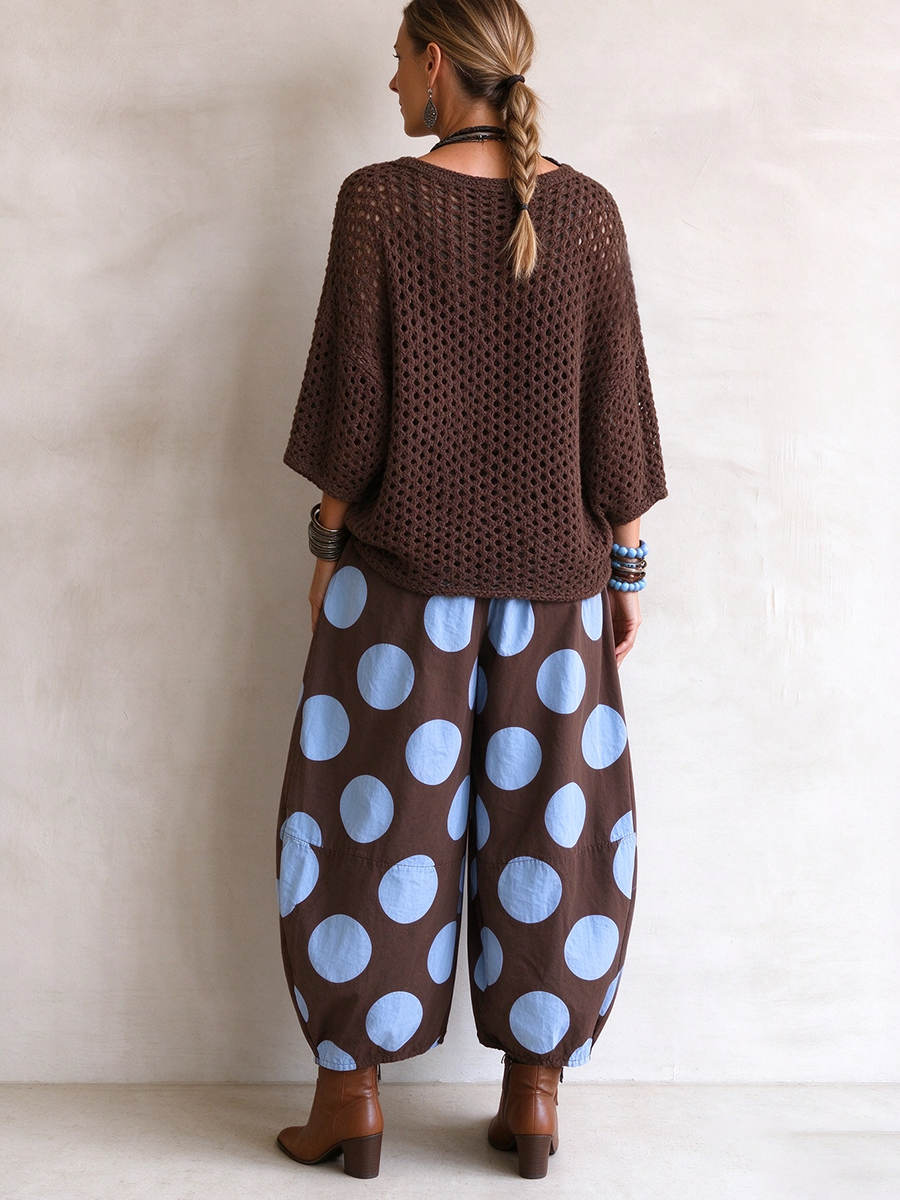 Top maglione casual in maglia aperta marrone rilassato