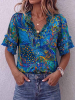 Women's Abstract Pattern Print Ruffled V-neck Short-sleeve Casual Loose Cotton Linen Shirt