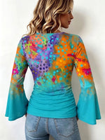 Boho-style Stretchy Casual Shirt Featuring Color-block Polka Dots, A Gradient Effect, And Bell Sleeves