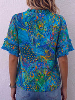 Women's Abstract Pattern Print Ruffled V-neck Short-sleeve Casual Loose Cotton Linen Shirt