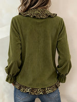 Chic Leopard-Trim Corduroy Blouse