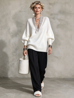 Eleganter luxuriöser Strickpullover mit V-Ausschnitt und Paillettenbesatz