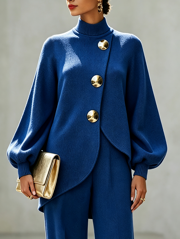 Elegant Royal Blue Asymmetric Knit Top With Gold-tone Button