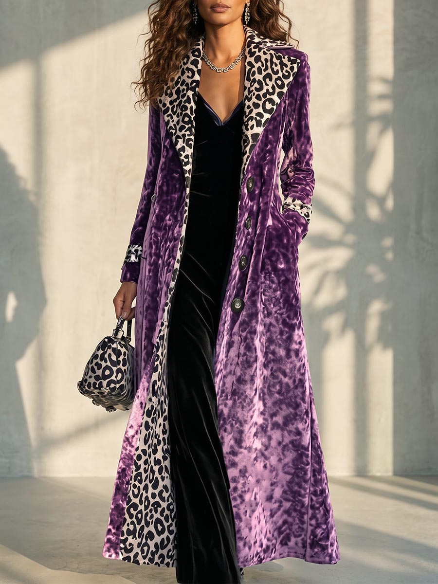 Damen-Retro-Samt-Langmantel mit Leopardenmuster, Farbblock-Revers und Inneneinsätzen, einreihiger Langarm-Trenchcoat