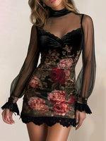 Minivestido ajustado con estampado floral y paneles de malla