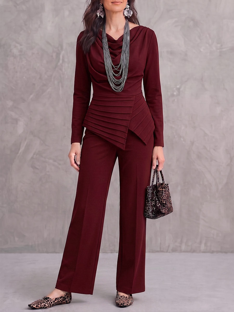 Women's Solid Color Duffle Neck Long Sleeve Casual Loose Pleated Wide Leg Jumpsuit