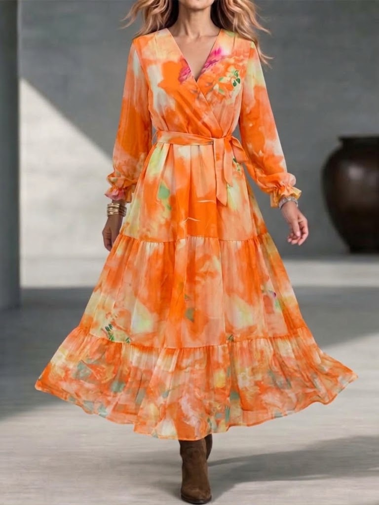Vestido largo con cuello en V, estilo cruzado, estampado de acuarela, mangas largas con volantes y falda voluminosa