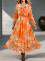 Vestido largo con cuello en V, estilo cruzado, estampado de acuarela, mangas largas con volantes y falda voluminosa