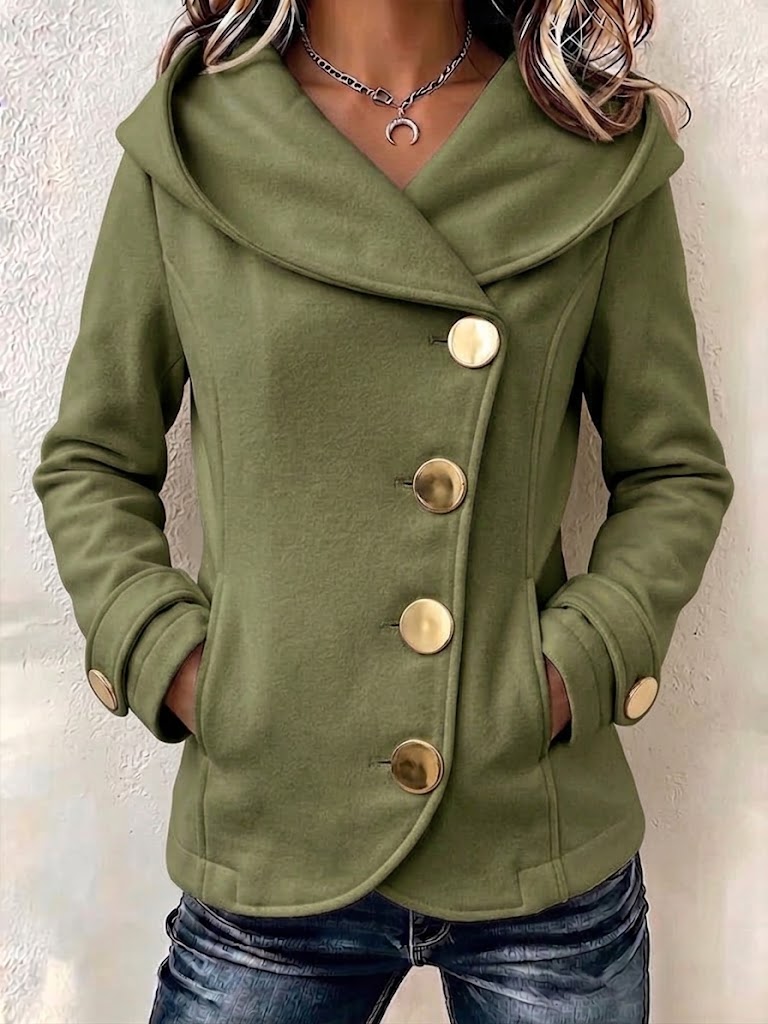 Hooded Wool-blend Coat With An Asymmetric Button-front And Gold Buttons