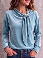 Women's Solid Color Round Neck Tie-waist Long Sleeve Casual Loose Velvet Top