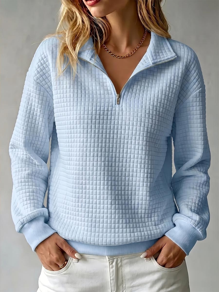 Women's Solid Color Stand Collar Long Sleeve Casual Loose Waffle Knit Pullover