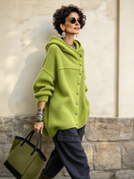 Ŝika Oversized Ribbed Asimetria Butona Kapuĉa Svetero